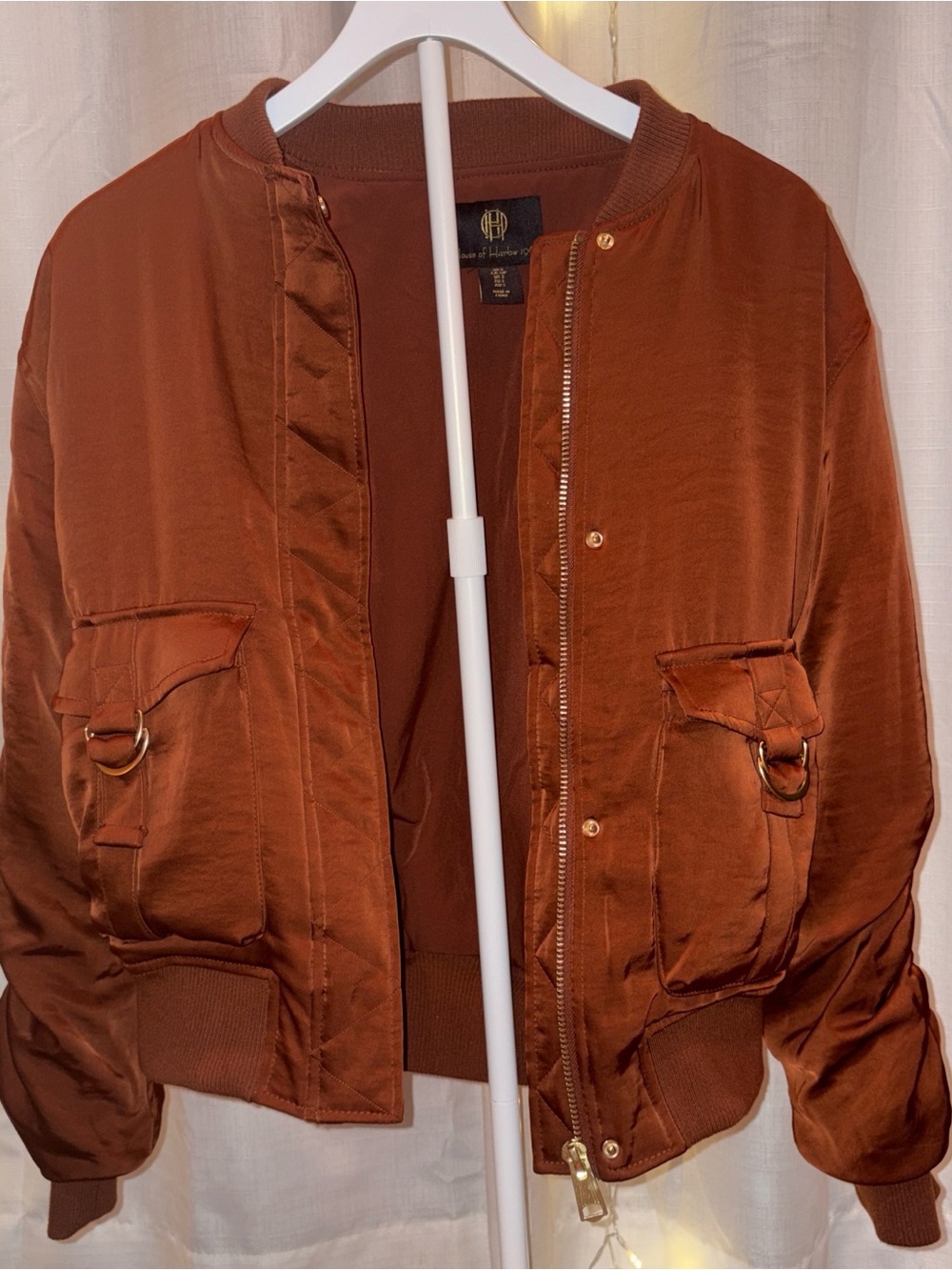 House of Harlow Satin Bomber Jacket in Burnt Orange